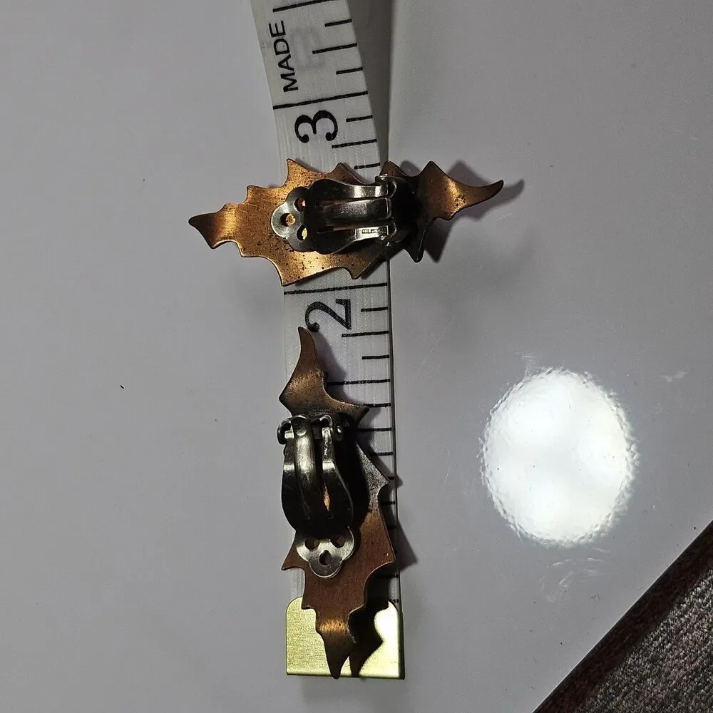 Ballou 1950's Copper Tone Metal Leaf Clip On Earrings Pat. 2583988